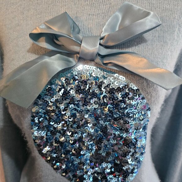 Holiday Time XXL Blue Sweater With Sequin Ornament & Faux Fur Cuffs - Picture 2 of 6